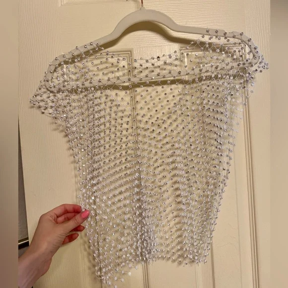 Mesh Rhinestone Sheer See Through Crop Top/Bikini Cover Up - Picture 3 of 5